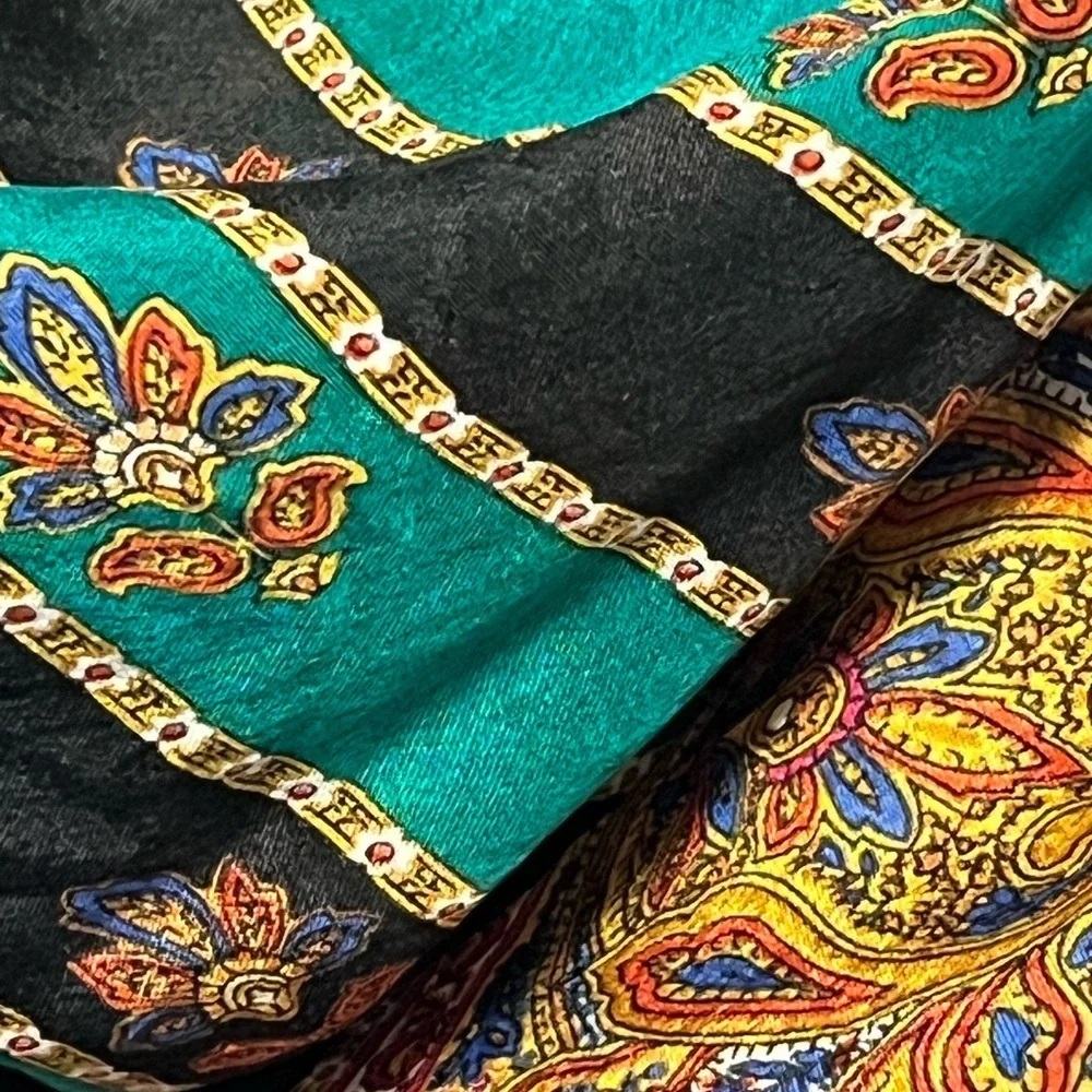 Vintage Green Blue Gold Pink Black Paisley Silk Scarf